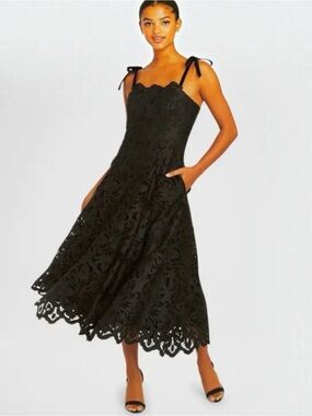 Mestiza New York Cataleya Women’s Scalloped Black Lace Cocktail Midi Dress NEW